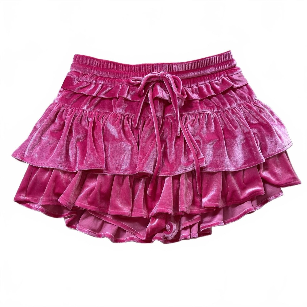 NWT SHUG Pink Velvet Ruffle Skirt Extra Small |Y2k Preppy Cherry Girl Balletcore